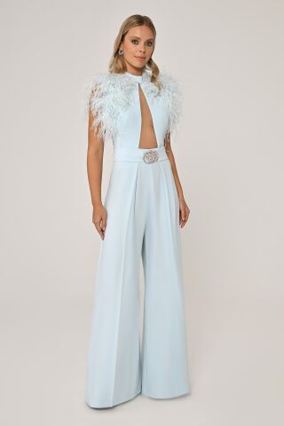 Omzu Tüylü Dekolteli Bol Paça Uzun Tulum AÇIK MAVİ - 40