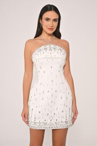 Straplez Taşlı Krep Kısa Elbise