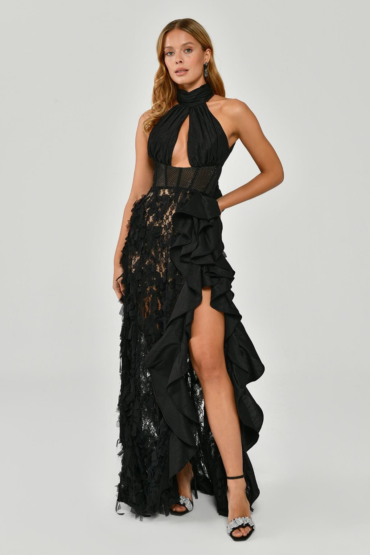 LONG LONG DRESS WITH FRILLES WITH HIJAB CORSET SKIRT Black - 36