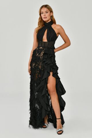 LONG LONG DRESS WITH FRILLES WITH HIJAB CORSET SKIRT Black - 36