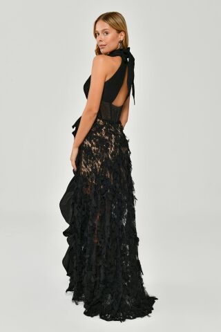 LONG LONG DRESS WITH FRILLES WITH HIJAB CORSET SKIRT Black - 36