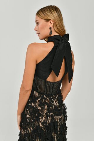 LONG LONG DRESS WITH FRILLES WITH HIJAB CORSET SKIRT Black - 36