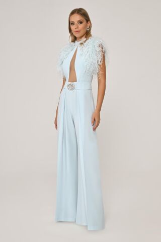 Omzu Tüylü Dekolteli Bol Paça Uzun Tulum AÇIK MAVİ - 36