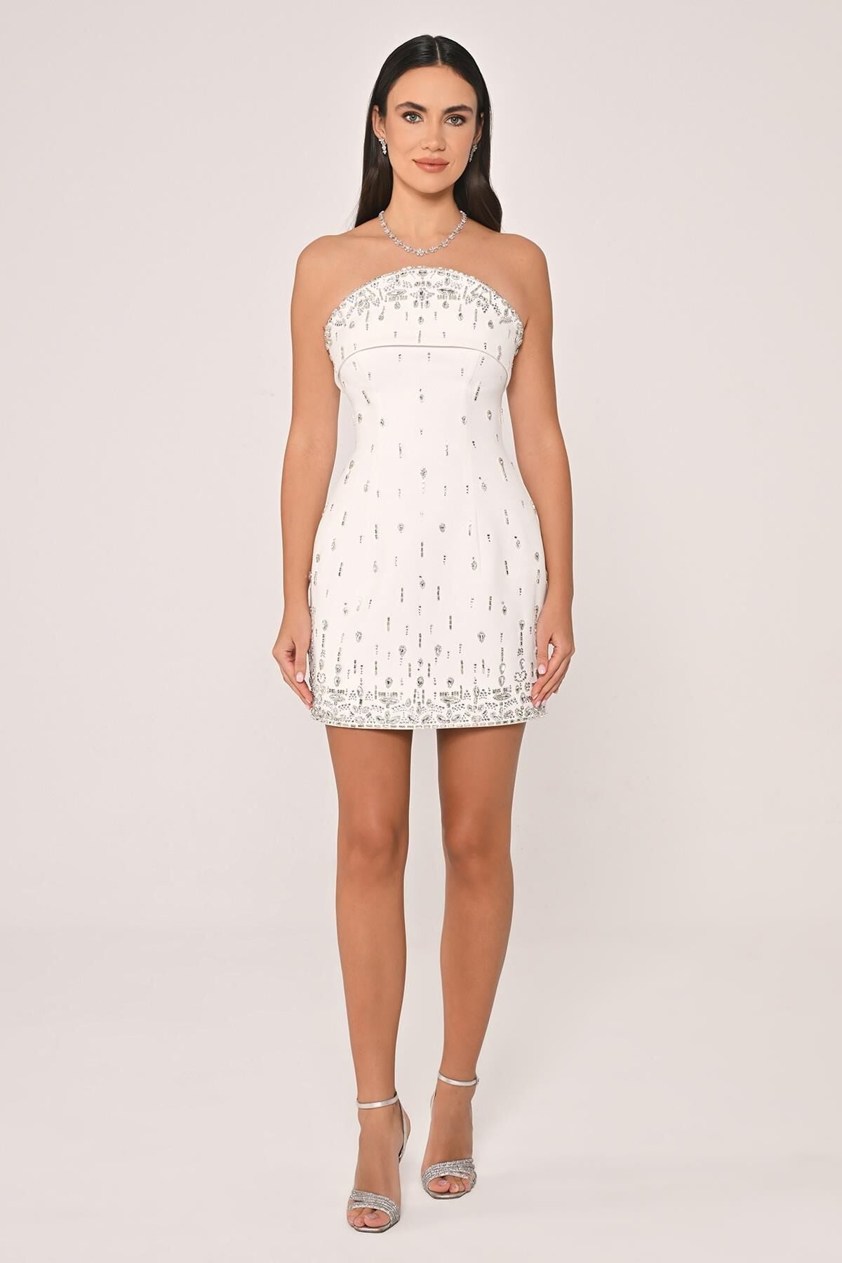 Straplez Taşlı Krep Kısa Elbise Beyaz - 36