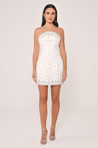 Straplez Taşlı Krep Kısa Elbise Beyaz - 36