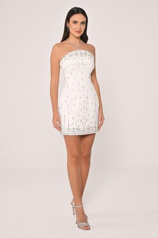 Straplez Taşlı Krep Kısa Elbise Beyaz - 36