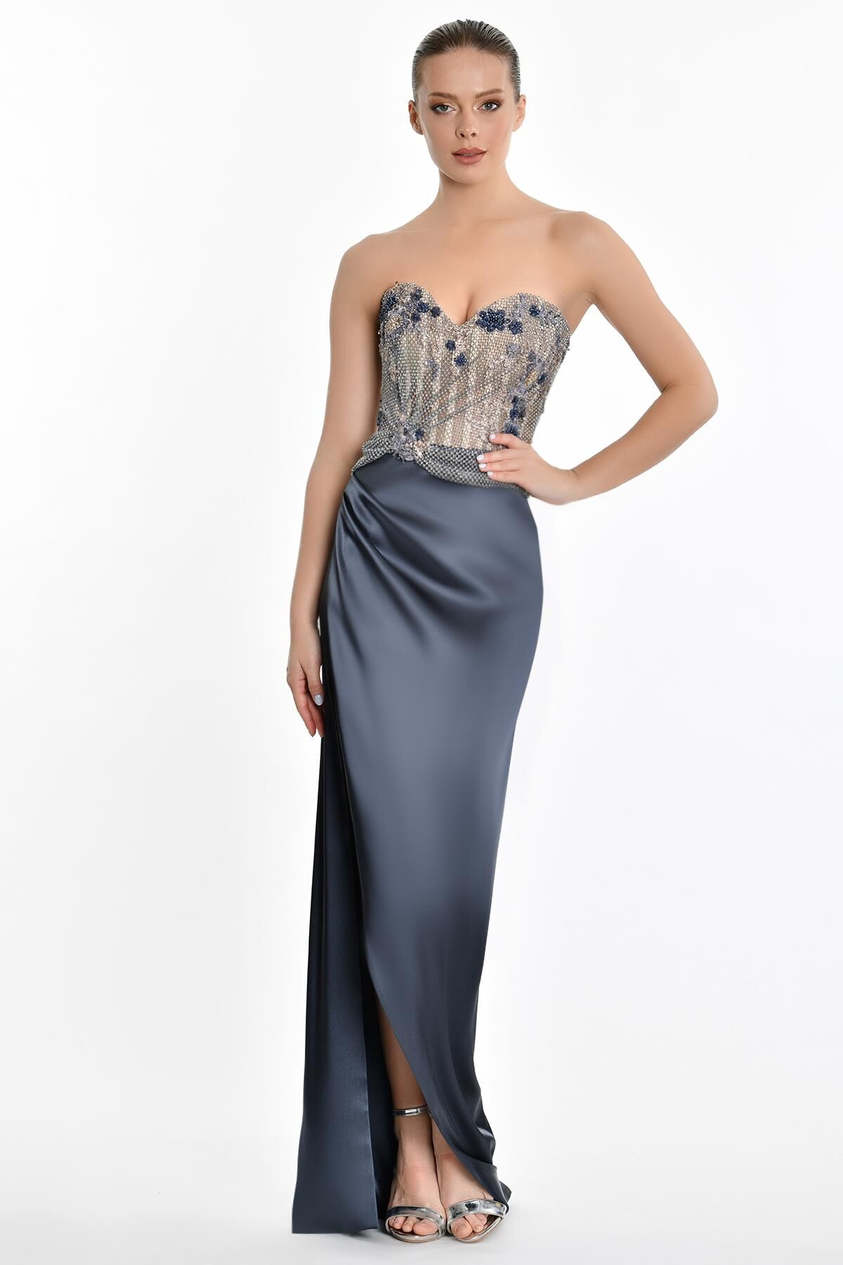 Trägerloses Top Stein Seitenschlitz Satin Langes Kleid ANTHRAZIT - 36