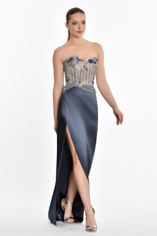 Trägerloses Top Stein Seitenschlitz Satin Langes Kleid ANTHRAZIT - 36