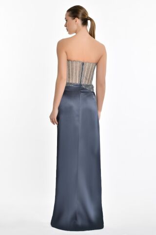 Trägerloses Top Stein Seitenschlitz Satin Langes Kleid ANTHRAZIT - 36