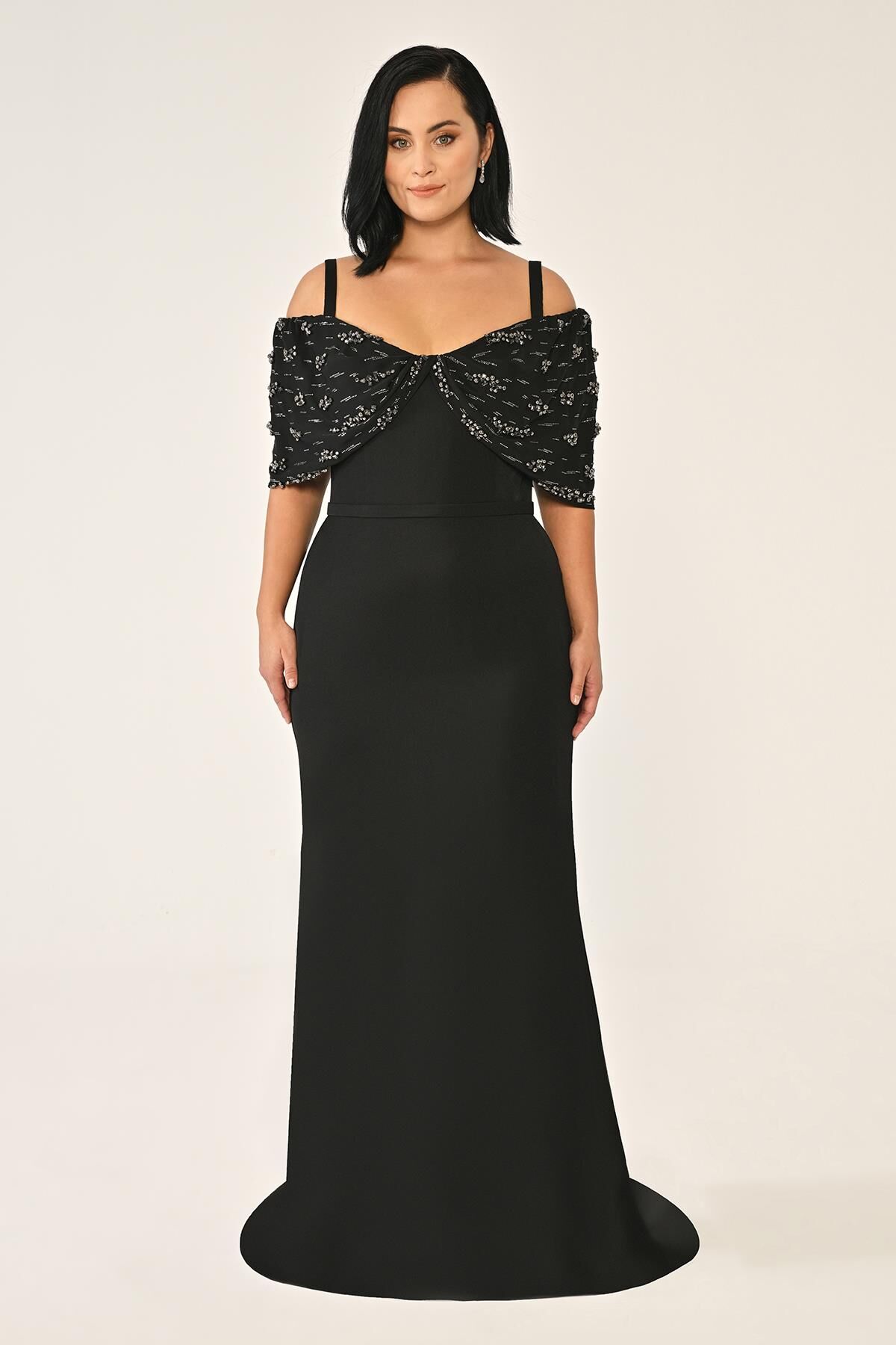 Askılı Taş Baskılı Krep Uzun Elbise Siyah - 42