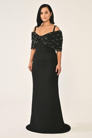 Askılı Taş Baskılı Krep Uzun Elbise Siyah - 42