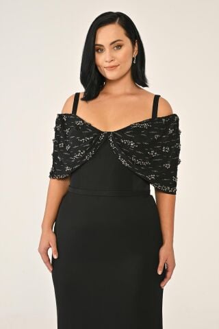 Askılı Taş Baskılı Krep Uzun Elbise Siyah - 42