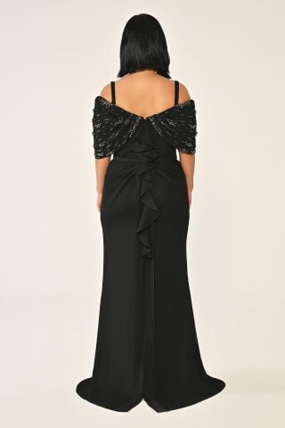 Askılı Taş Baskılı Krep Uzun Elbise Siyah - 42