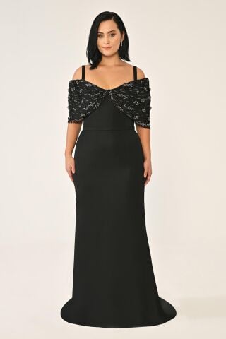 Askılı Taş Baskılı Krep Uzun Elbise Siyah - 44