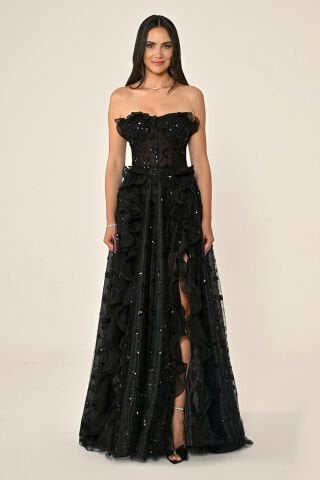 Straplez Korse Bel Çift Yırtmaçlı Tül Uzun Elbise