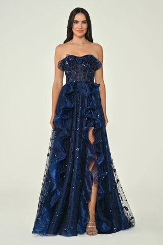 Straplez Korse Bel Çift Yırtmaçlı Tül Uzun Elbise