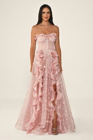 Straplez Korse Bel Çift Yırtmaçlı Tül Uzun Elbise