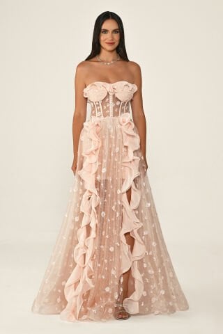 Straplez Korse Bel Çift Yırtmaçlı Tül Uzun Elbise