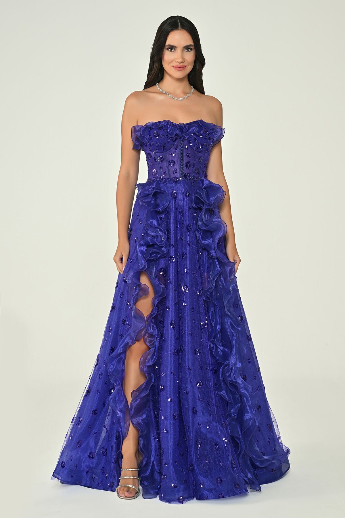 Straplez Korse Bel Çift Yırtmaçlı Tül Uzun Elbise