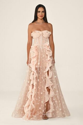 Straplez Korse Bel Çift Yırtmaçlı Tül Uzun Elbise