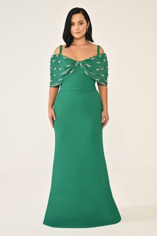 Askılı Taş Baskılı Krep Uzun Elbise ZÜMRÜT - 42