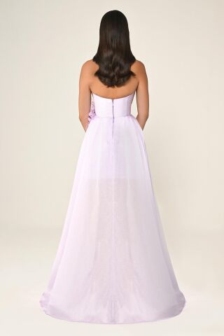 Straplez Bel Çiçek Aksesuarlı Organze Uzun Elbise Lila - 36