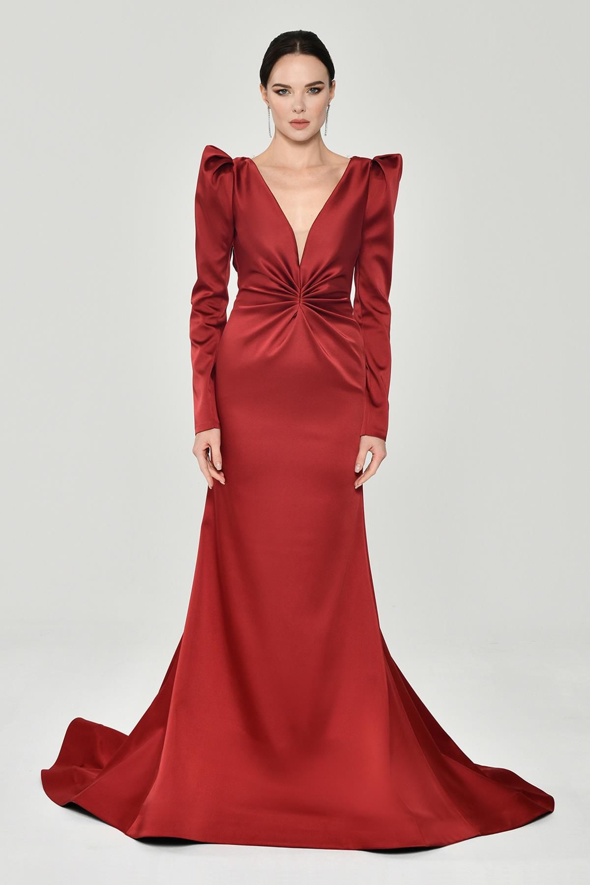 Uzun Kollu Vatkalı Önü Büzgülü Saten Uzun Elbise Bordo - 44