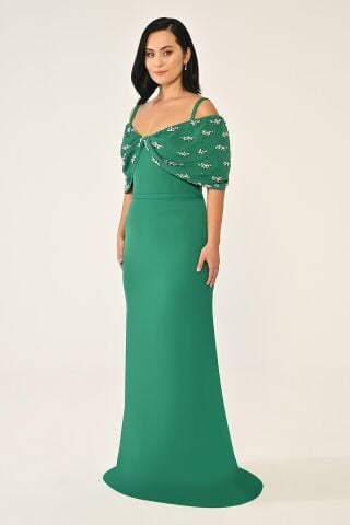 Askılı Taş Baskılı Krep Uzun Elbise ZÜMRÜT - 44