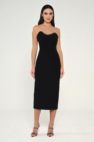 Straplez Şerit Aksesuarlı Krep Midi Elbise Siyah - 36