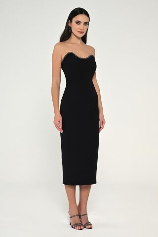 Straplez Şerit Aksesuarlı Krep Midi Elbise Siyah - 36