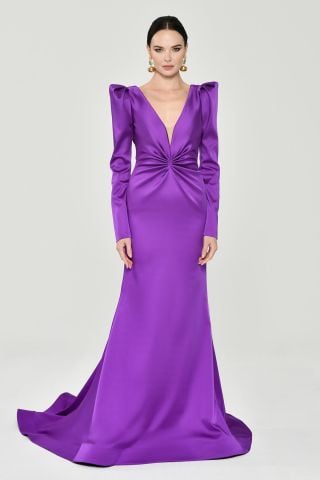 Uzun Kollu Vatkalı Önü Büzgülü Saten Uzun Elbise Mor - 36