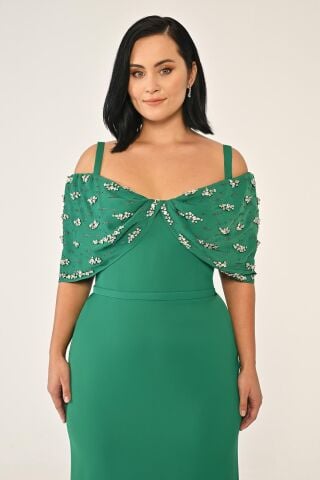 Askılı Taş Baskılı Krep Uzun Elbise ZÜMRÜT - 46