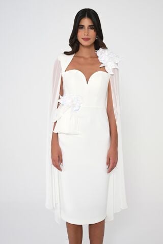 Kalp Göğüs Kolları Şifon Şal Midi Elbise