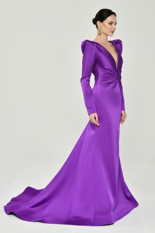 Uzun Kollu Vatkalı Önü Büzgülü Saten Uzun Elbise Mor - 38