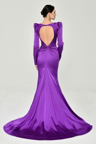 Uzun Kollu Vatkalı Önü Büzgülü Saten Uzun Elbise Mor - 38