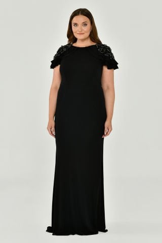 Short Sleeve Crepe Long Dress with Shoulder Accessories
