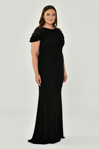Short Sleeve Crepe Long Dress with Shoulder Accessories
