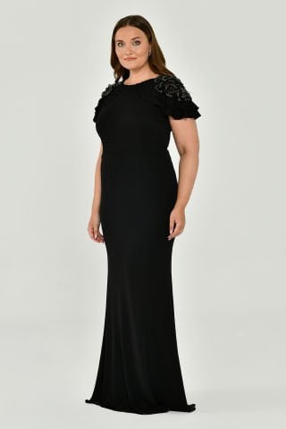 Short Sleeve Crepe Long Dress with Shoulder Accessories