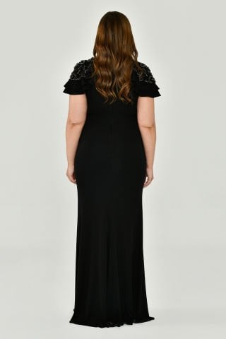 Short Sleeve Crepe Long Dress with Shoulder Accessories