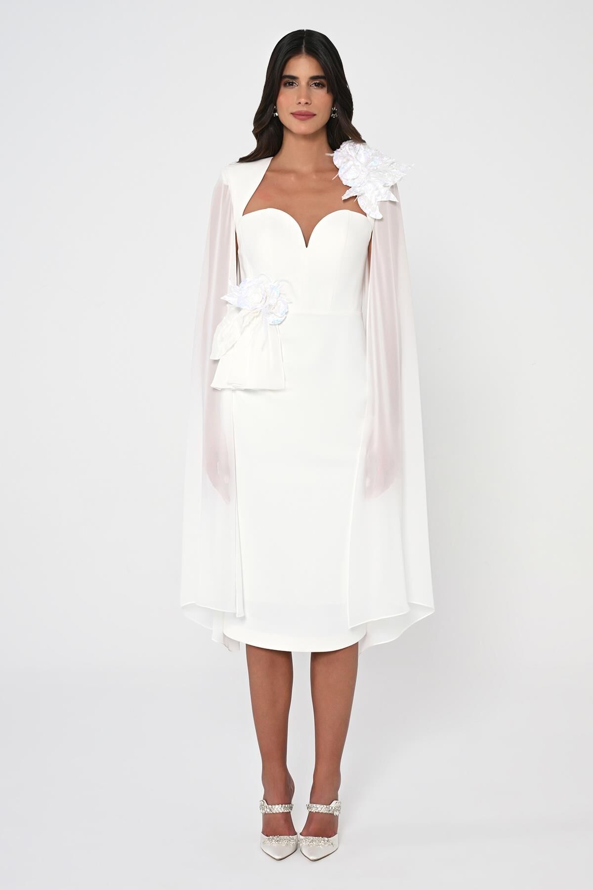 Kalp Göğüs Kolları Şifon Şal Midi Elbise Beyaz - 46