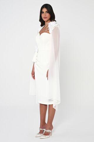 Kalp Göğüs Kolları Şifon Şal Midi Elbise Beyaz - 46