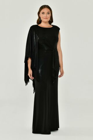 One-Shoulder-Schal mit Quastengürtel, glänzendem Stoff, langes Kleid, Schwarz - 46