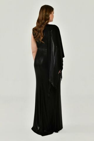 One-Shoulder-Schal mit Quastengürtel, glänzendem Stoff, langes Kleid, Schwarz - 46