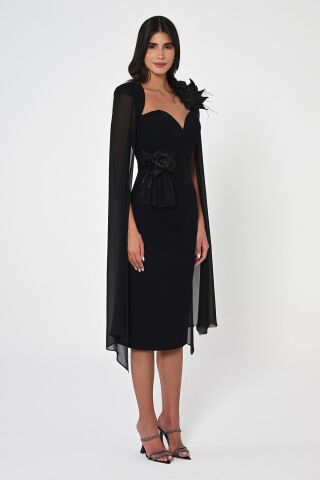 Kalp Göğüs Kolları Şifon Şal Midi Elbise Siyah - 44