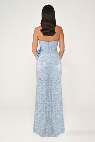 Straplez Göğüsü Asimetrik Kesim Payet Kumaş Uzun Elbise AÇIK MAVİ - 36