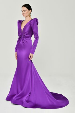 Uzun Kollu Vatkalı Önü Büzgülü Saten Uzun Elbise Mor - 42