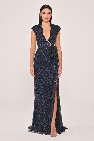 Dekolteli Beli Çiçek Aksesuarlı Payet Uzun Elbise Lacivert - 38