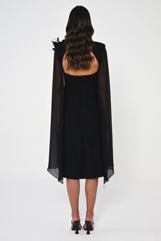 Kalp Göğüs Kolları Şifon Şal Midi Elbise Siyah - 42