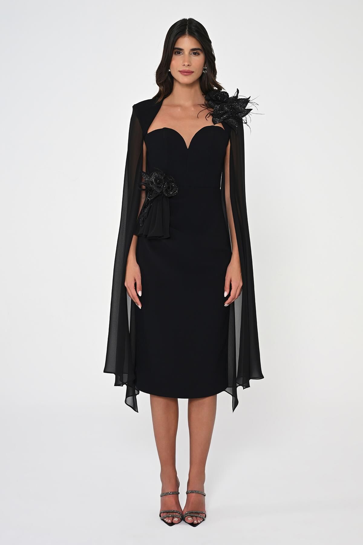 Kalp Göğüs Kolları Şifon Şal Midi Elbise Siyah - 42