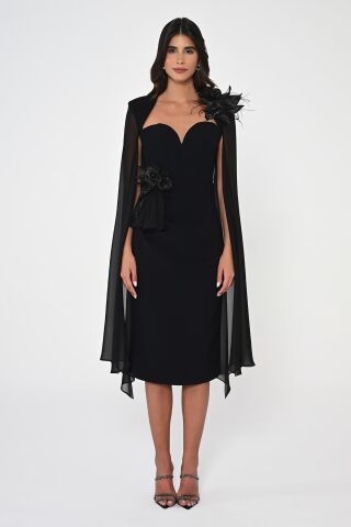 Kalp Göğüs Kolları Şifon Şal Midi Elbise Siyah - 42